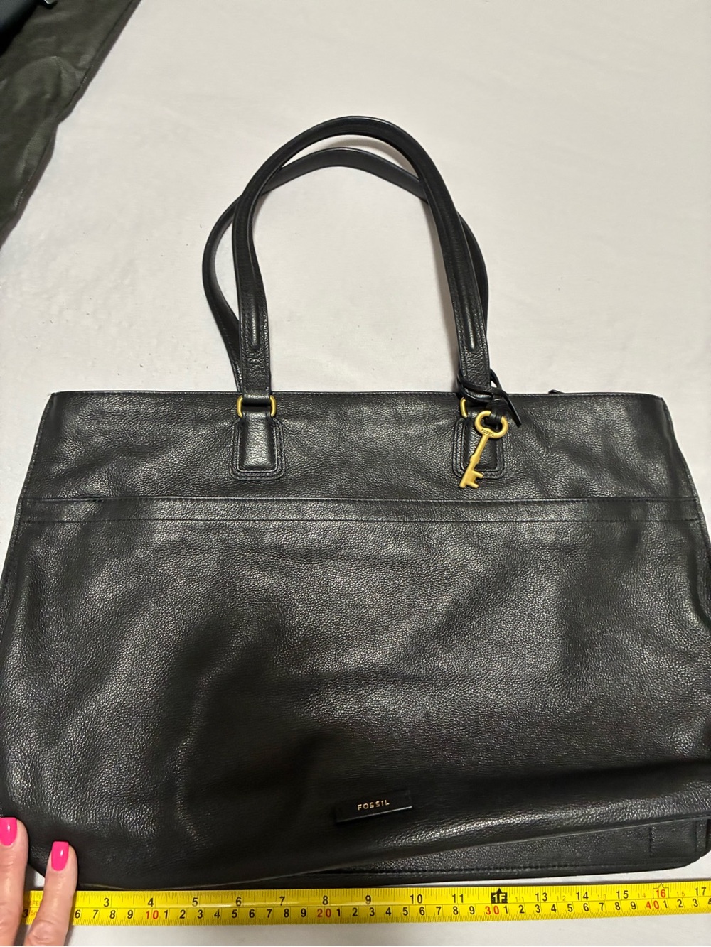 Fossil Black Leather Tote with Gold Key Charm